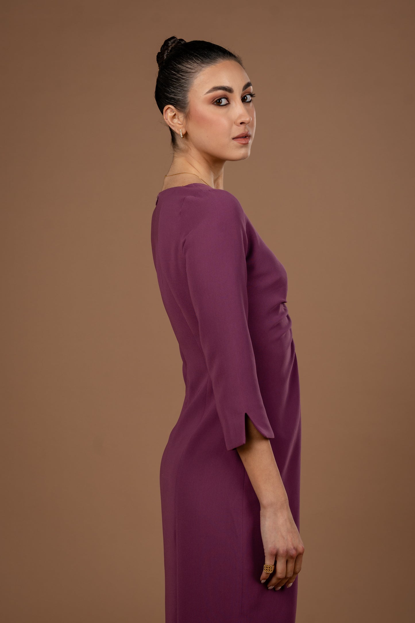 Gathered Midi Dress With Long Sleeves