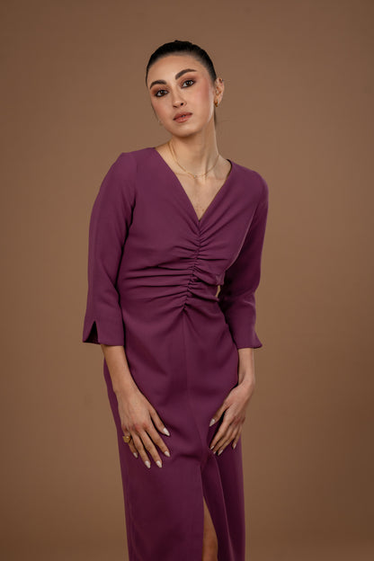 Gathered Midi Dress With Long Sleeves