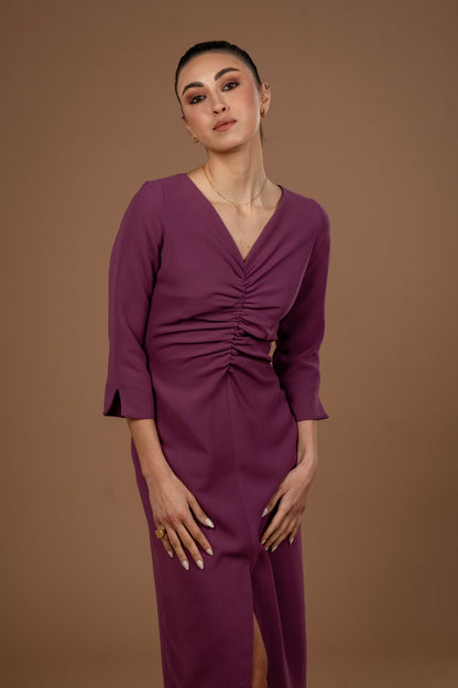 Gathered Midi Dress With Long Sleeves