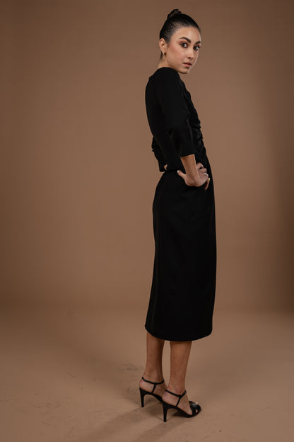 Gathered Midi Dress With Long Sleeves