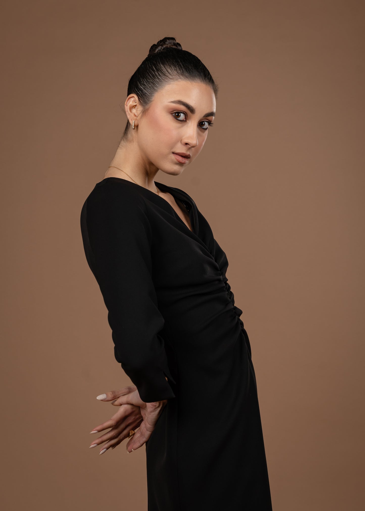 Gathered Midi Dress With Long Sleeves