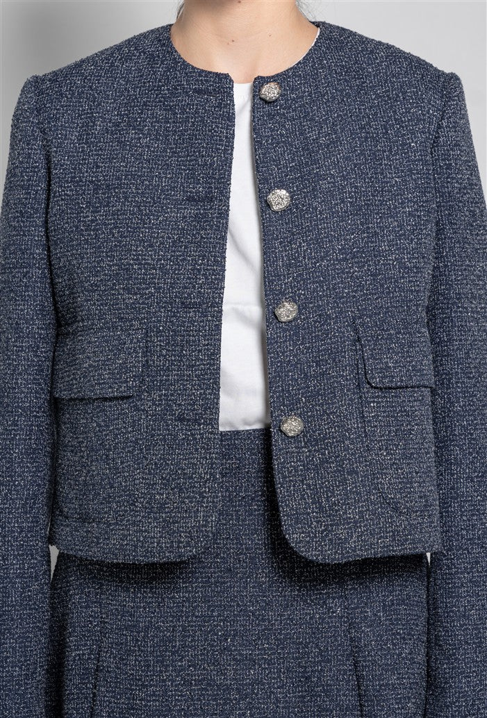 Short Tweed Jacket with a Round Neckline, Patch Pockets and Metal Buttons