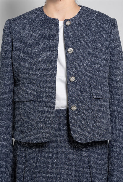 Short Tweed Jacket with a Round Neckline, Patch Pockets and Metal Buttons