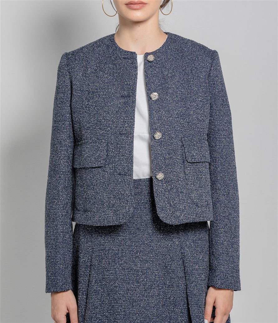 Short Tweed Jacket with a Round Neckline, Patch Pockets and Metal Buttons