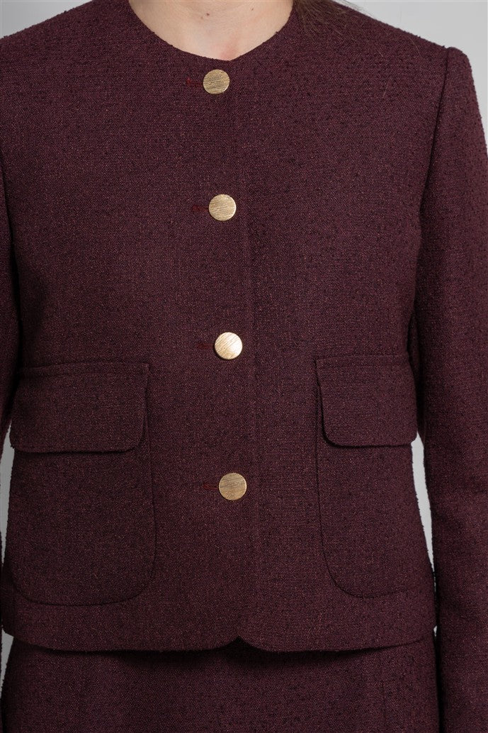 Short Tweed Jacket with a Round Neckline, Patch Pockets and Metal Buttons