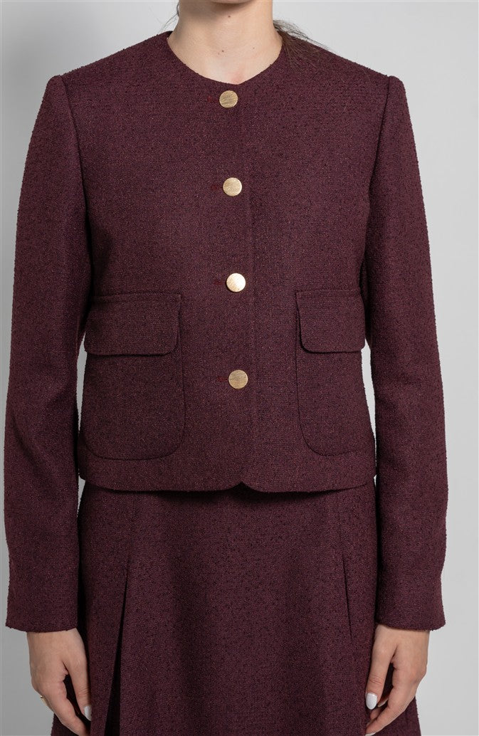 Short Tweed Jacket with a Round Neckline, Patch Pockets and Metal Buttons