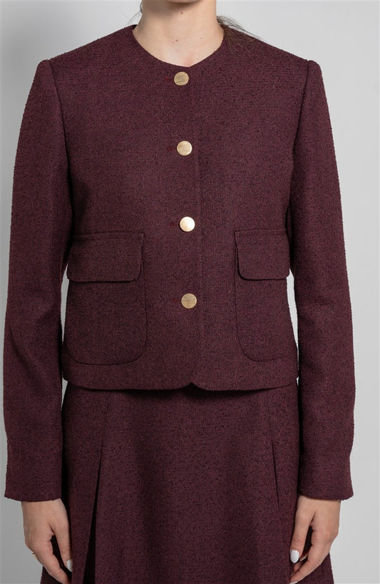 Short Tweed Jacket with a Round Neckline, Patch Pockets and Metal Buttons