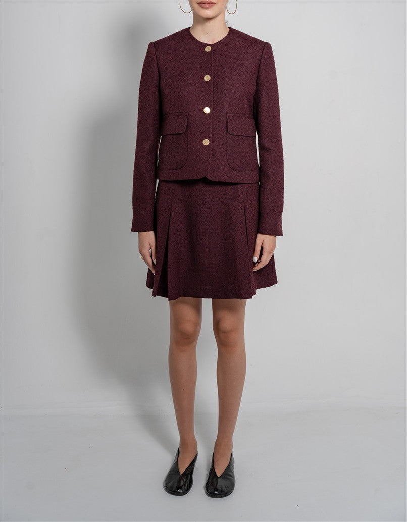Short Tweed Jacket with a Round Neckline, Patch Pockets and Metal Buttons